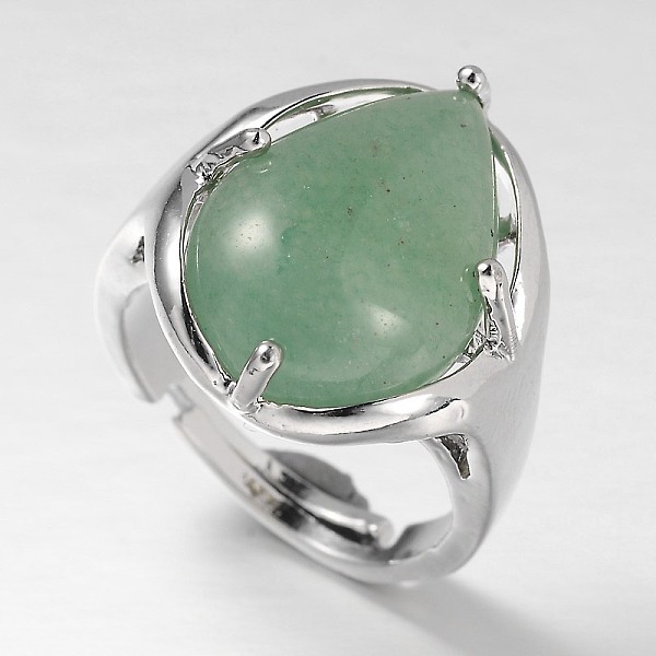 

PandaHall Teardrop Platinum Tone Brass Gemstone Adjustable Wide Band Rings, Green Aventurine, 18mm, Tray: 20x17mm Green Aventurine