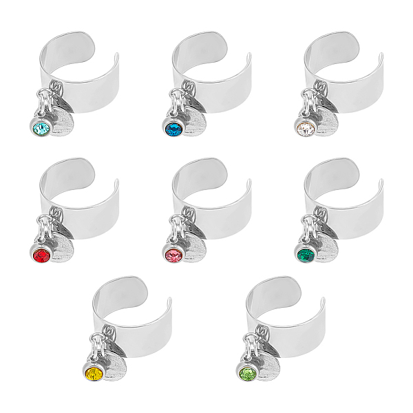 

PandaHall 8Pcs 8 Color Birthstone Rhinestone & 201 Stainless Steel Flat Round Charm Rings Set, 304 Stainless Steel Open Cuff Rings..., Multicolor
