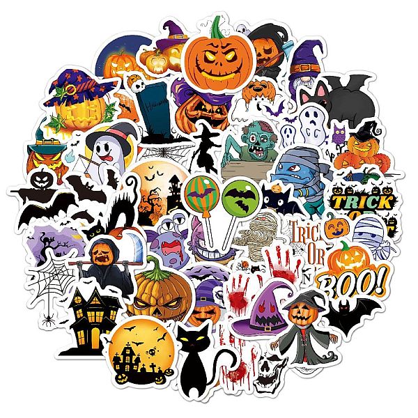 PandaHall Halloween Themed PVC Sticker Labels, Self-adhesive Decals, for Suitcase, Skateboard, Refrigerator, Helmet, Mobile Phone Shell...