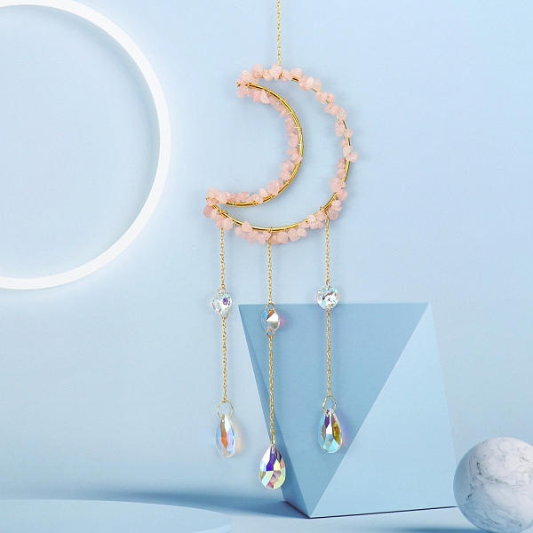 

PandaHall Glass & Brass Moon Pendant Decorations, Suncatchers, Rainbow Maker, with Chips Rose Quartz, for Home Decoration, 520mm Rose Quartz...