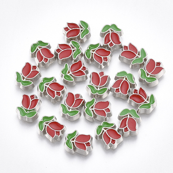 PandaHall Alloy Enamel Cabochons, Fit Floating Locket Charms, Flower, Platinum, Red, 7x6x2mm Alloy+Enamel Flower Red