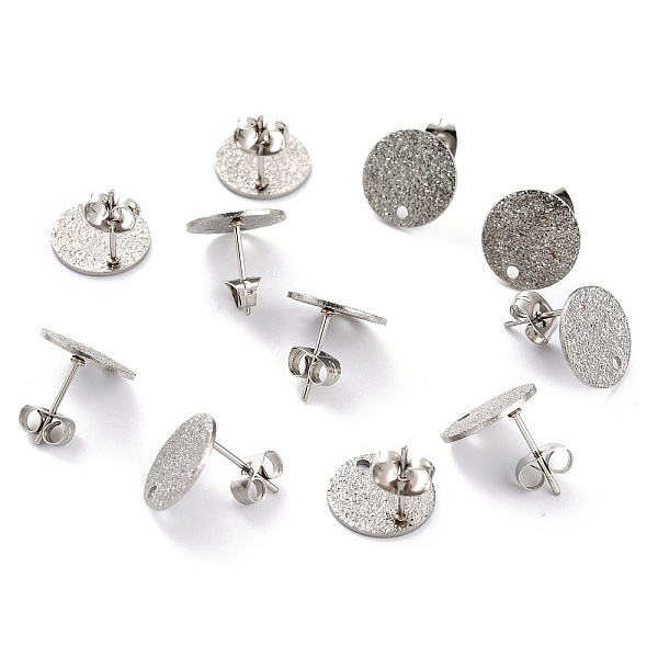 

PandaHall 304 Stainless Steel Stud Earring Findings, with Ear Nuts, Textured Flat Round, Stainless Steel Color, 12x1mm, Hole: 1.4mm, Pin...