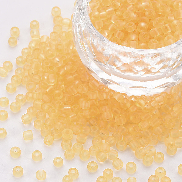 

PandaHall 8/0 Transparent Glass Seed Beads, Round Hole, Frosted Colours, Round, Gold, 3~4x2~3mm, Hole: 0.8mm, about 15000pcs/Pound Glass...