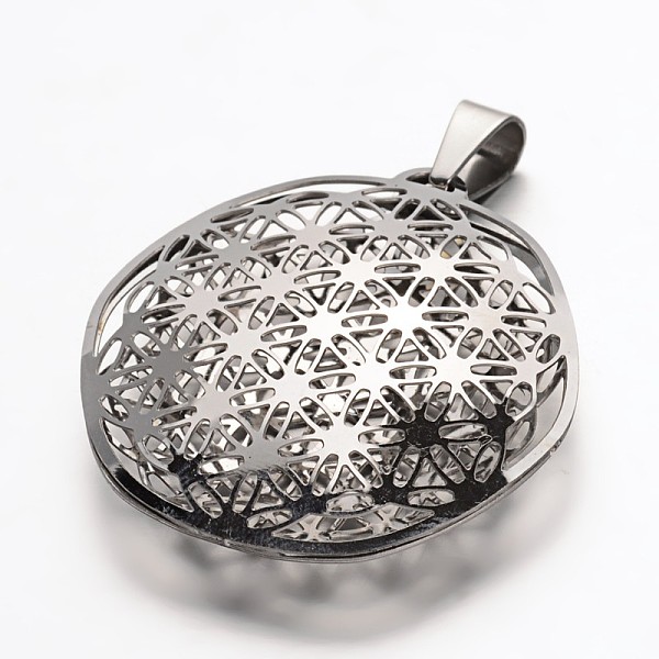 

PandaHall 304 Stainless Steel Hollow Pendants, Round, Stainless Steel Color, 42.5x40x8.5~9.8mm, Hole: 5x9mm 304 Stainless Steel Round