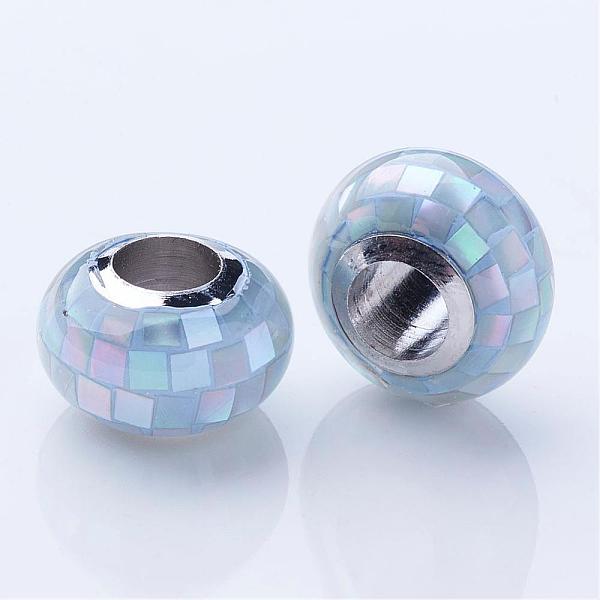 

PandaHall Shell European Beads, with Brass Cores, Rondelle, Large Hole Beads, Platinum, Light Blue, 12x7~7.5mm, Hole: 4.5mm Shell+Brass Core...