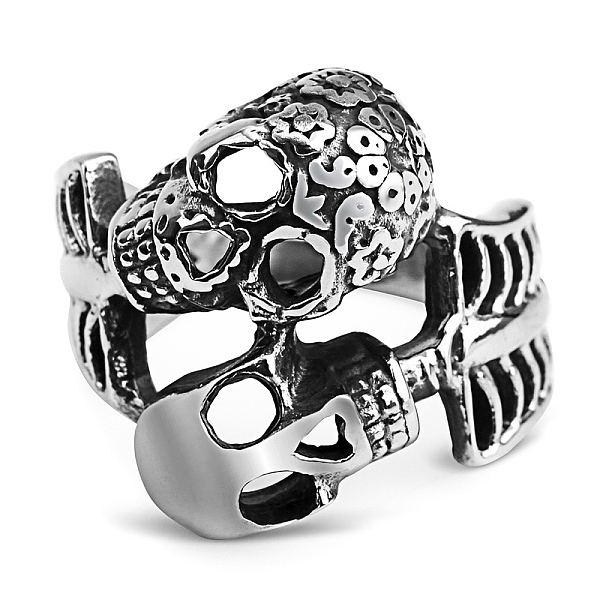 

PandaHall Steam Punk Style 316L Surgical Stainless Steel Skull Finger Rings, Double Skeleton Rings for Men, Stainless Steel Color, US Size...