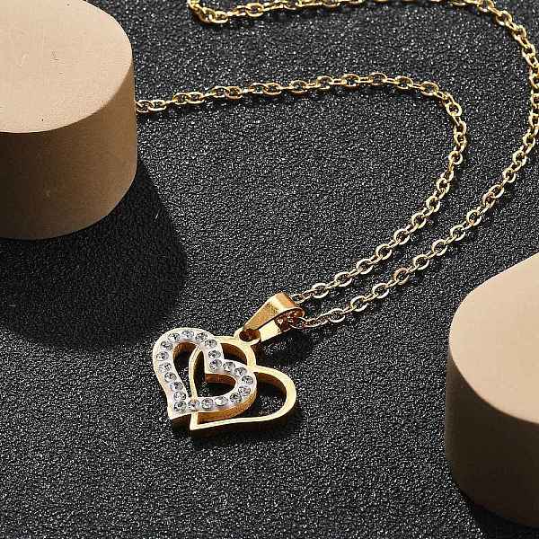 304 Stainless Steel Crystal Rhinestone Heart Pendant Cable Chain Necklaces for Women