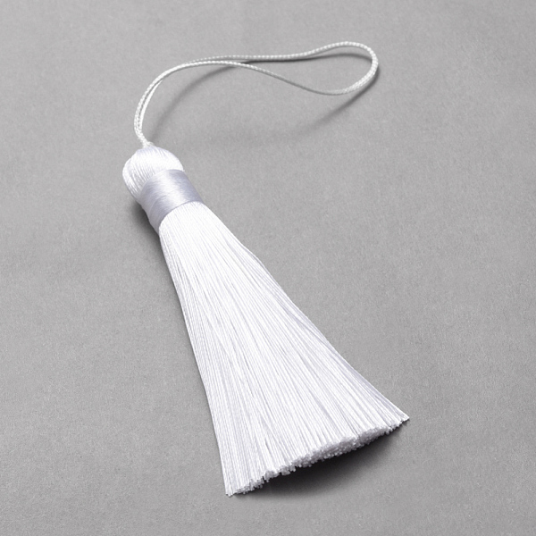 PandaHall Polyester Cord Tassel Big Pendants, White, 85x12mm Polyester White