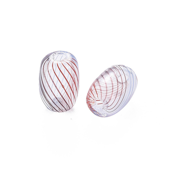 

PandaHall Transparent Handmade Blown Glass Globe Beads, Stripe Pattern, Column, Saddle Brown, 13.5~15.5x9.5mm, Hole: 1~2mm Glass Column