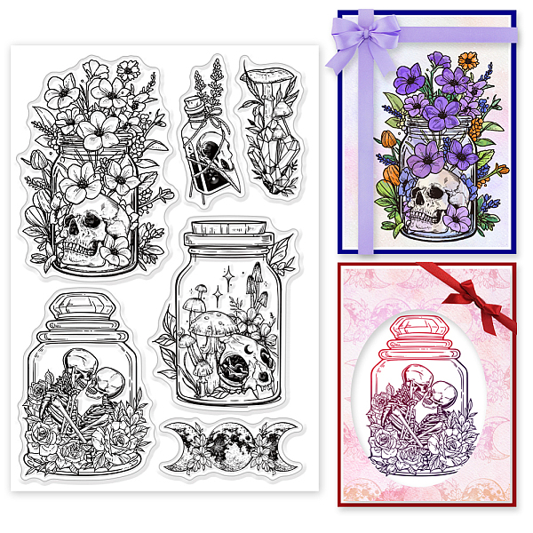 

PandaHall GLOBLELAND Flower Art in a Bottle Clear Stamps for Cards Making Skull Bottle Silicone Clear Stamp Seals Transparent Stamps for DIY...