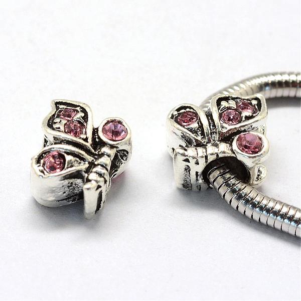 

PandaHall Alloy Rhinestone European Beads, Large Hole Beads, Butterfly, Antique Silver, Light Rose, 12x11x8mm, Hole: 5mm Alloy+Rhinestone..., Pink