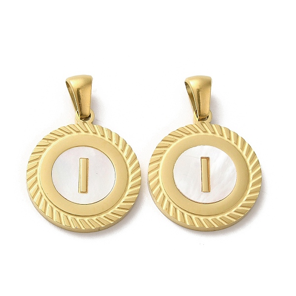 

PandaHall Ion Plating(IP) 304 Stainless Steel Pendants, Flat Round Shell Charms with Letter, Golden, Letter I, 20.5x17.5x1.5mm, Hole...