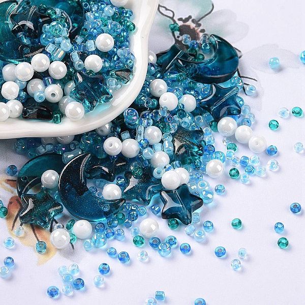

PandaHall DIY Jewelry Making Finding Kit, Glass & Seed Beads, Round & Star & Moon, Medium Blue, 2~16x2~12x3~7mm, Hole: 0.8~1.2mm Glass