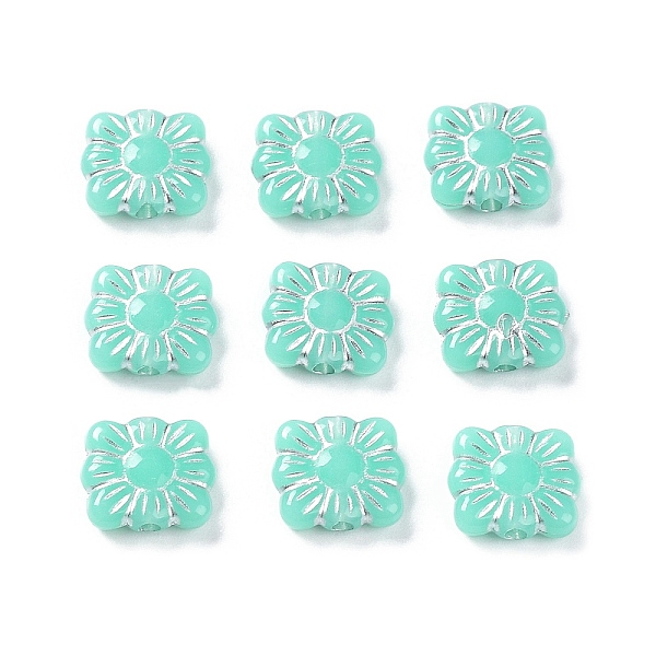 

PandaHall Opaque Acrylic Beads, Metal Enlaced, Square with Flower Pattern, Aquamarine, 9.5~10x10.5~11x3.5mm, Hole: 1.6mm, about 1990pcs/500g..., Green