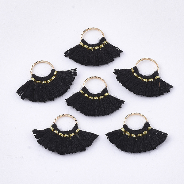 

PandaHall Polycotton(Polyester Cotton) Tassel Pendants Decorations, with Brass Findings, Fan Shape, Golden, Black, 14~15x20~22x1.5mm, Hole...
