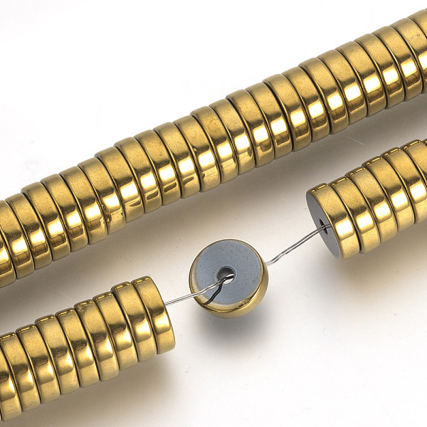 

PandaHall Electroplate Non-magnetic Synthetic Hematite Beads Spacers Strands, Heishi Beads, Flat Round/Disc, Golden Plated, 6x2mm, Hole: 1mm...