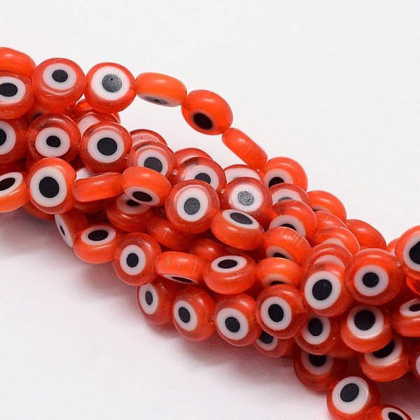 

PandaHall Handmade Evil Eye Lampwork Flat Round Bead Strands, Orange Red, 6x3mm, Hole: 1mm, about 65pcs/strand, 14 inch Lampwork Evil Eye...