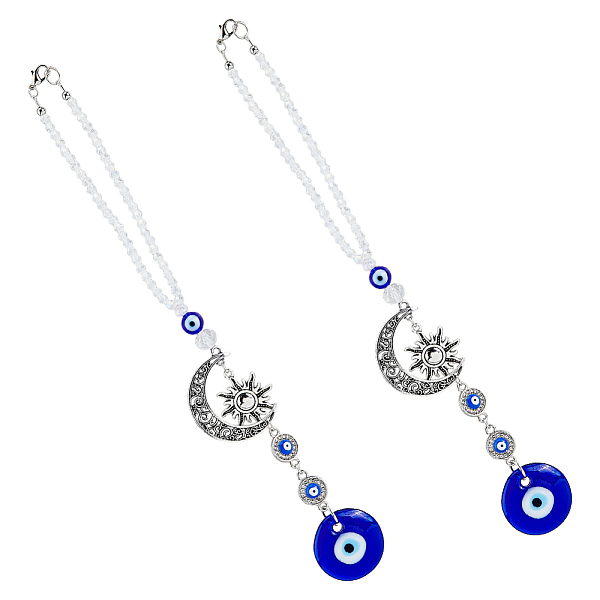 

PandaHall DICOSMETIC 2Pcs Evil Eye Car Ornament Antique Silver Evil Eye Wall Hanging Ornament with Alloy Moon Sun Link Charms Glass Evil Eye...