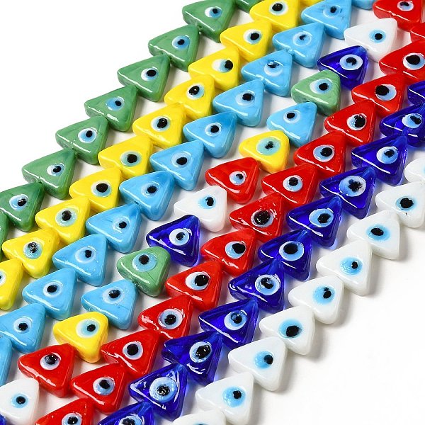 

PandaHall Evil Eye Handmade Lampwork Beads Strands, Triangle, Mixed Color, 10~12x13~13.5x3.5~4mm, Hole: 1.2mm, about 36pcs/strand, 16.42..., Multicolor