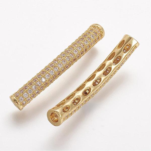 

PandaHall Brass Micro Pave Cubic Zirconia Tube Beads, Tube, Curved, Clear, Golden, 31.5x4.2mm, Hole: 2mm Brass+Cubic Zirconia Tube Clear