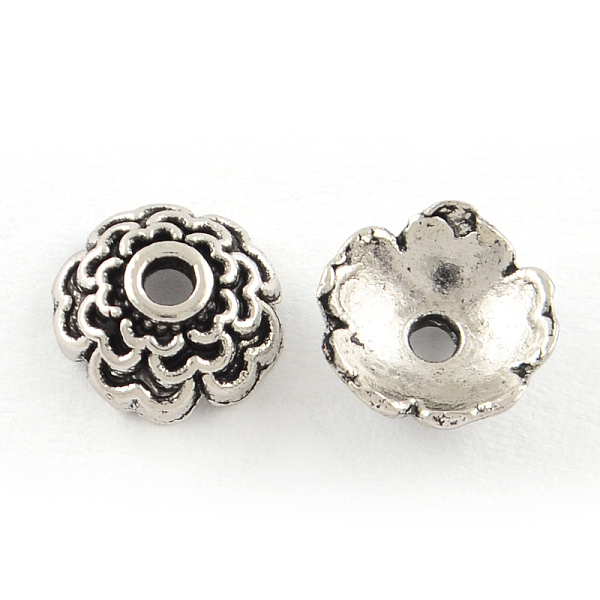 

PandaHall Tibetan Style Alloy Bead Caps, Cadmium Free & Lead Free, Flower, Antique Silver, 7x3mm, Hole: 1mm, about 5263pcs/1000g Alloy