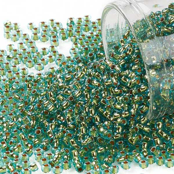 

PandaHall TOHO Round Seed Beads, Japanese Seed Beads, (755) 24K Gold Lined Light Aqua, 11/0, 2.2mm, Hole: 0.8mm, about 1103pcs/10g Glass..., Cyan