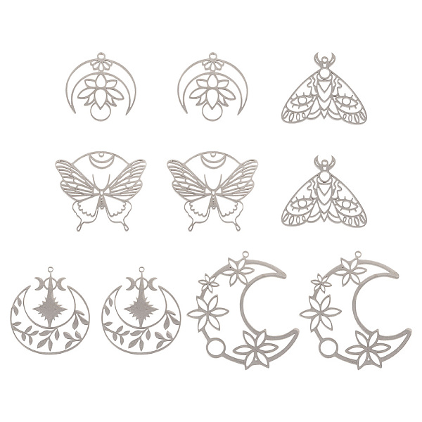 

PandaHall 10Pcs 5 Style 201 Stainless Steel Pendants, Laser Cut, Butterfly/Moth/Moon Charm, Stainless Steel Color, 26~45.5x27~43x1mm, Hole...