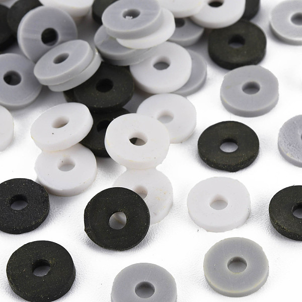 

PandaHall 3 Colors Handmade Polymer Clay Beads, Heishi Beads, Disc/Flat Round, Silver & White & Black, 8x0.5~1.5mm, Hole: 2mm, about...