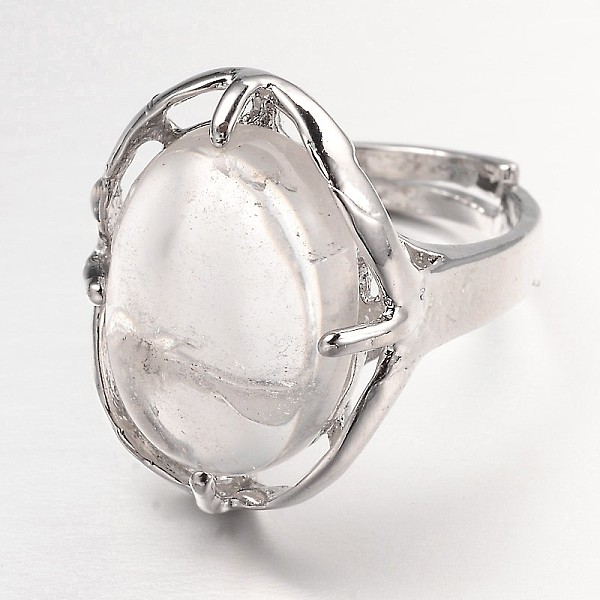 

PandaHall Adjustable Oval Gemstone Wide Band Rings, with Platinum Tone Brass Findings, US Size 7 1/4(17.5mm) Quartz Crystal
