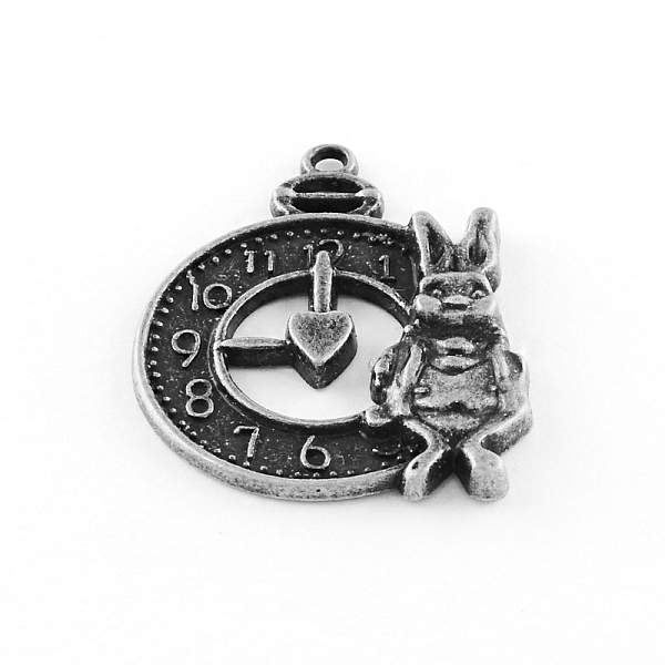

PandaHall Clock & Rabbit Tibetan Style Alloy Pendants, Bunny Charms, Cadmium Free & Lead Free, Antique Silver, 31x25x2.5mm, Hole: 2mm, about...