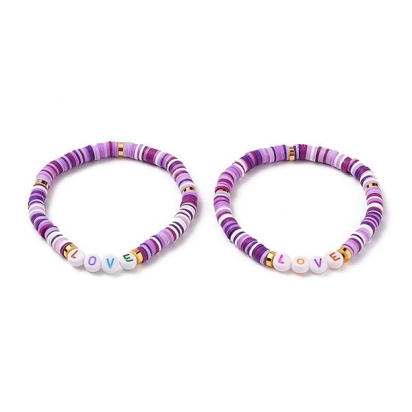 

PandaHall Polymer Clay Heishi Beads Stretch Bracelets, for Valentine's Day, with Acrylic Letter Beads and Brass Spacer Beads, Word Love..., Purple