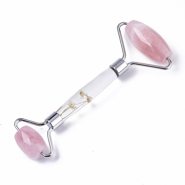 

PandaHall Natural Rose Quartz Massage Tools, Facial Rollers, with K9 Glass & Dried Flower Handle & Zinc Alloy Findings, Platinum...