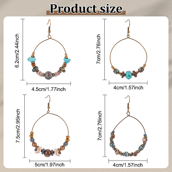 

PandaHall ANATTASOUL 4 Pairs 4 Style Bohemia Glass & Acrylic Beaded Circle Ring Dangle Earrings, Antique Bronze Alloy Long Drop Earrings for..., Multicolor