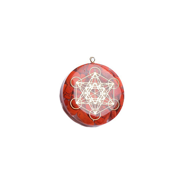 

PandaHall Natural Red Jasper Chip Resin Pendants, with Metal Metatron's Cube Slice, Flat Round, Golden, 35x10mm Red Jasper Flat Round