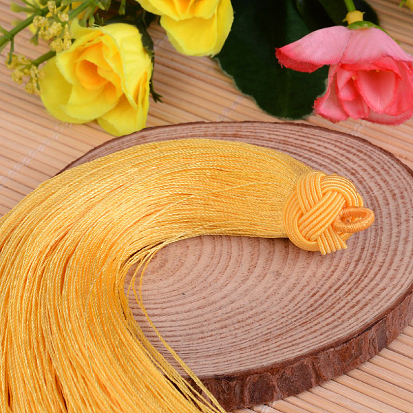 

PandaHall Beautiful Design Nylon Tassel Pendant Decorations, Gold, 160x18mm, Hole: 4mm Nylon Gold