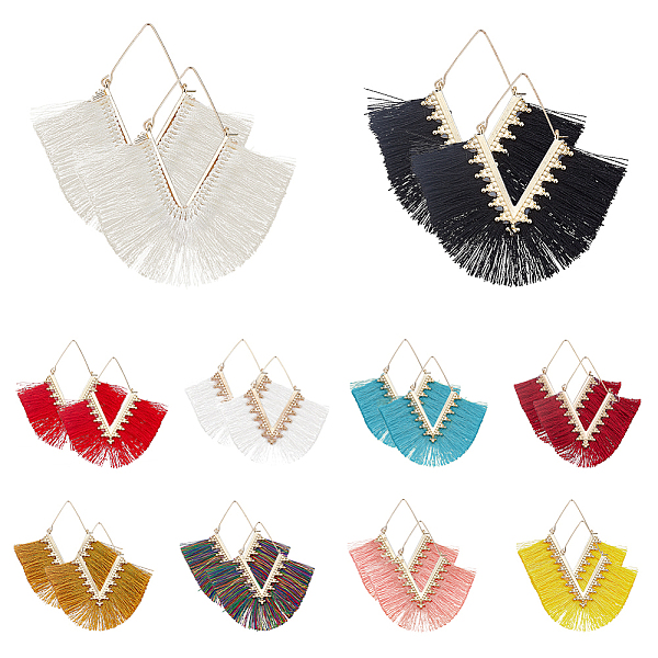 

PandaHall ANATTASOUL 10 Pairs 10 Colors Rhombus Cotton Tassel Big Hoop Earrings, Alloy Long Drop Earrings for Women, Mixed Color..., Multicolor