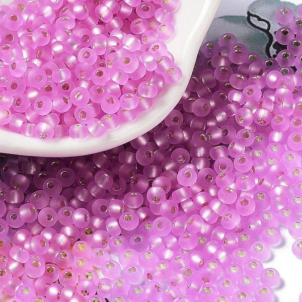 

PandaHall 8/0 Glass Seed Beads, Frosted, Silver Lined, Round, Pearl Pink, 3x2mm, Hole: 1mm Glass