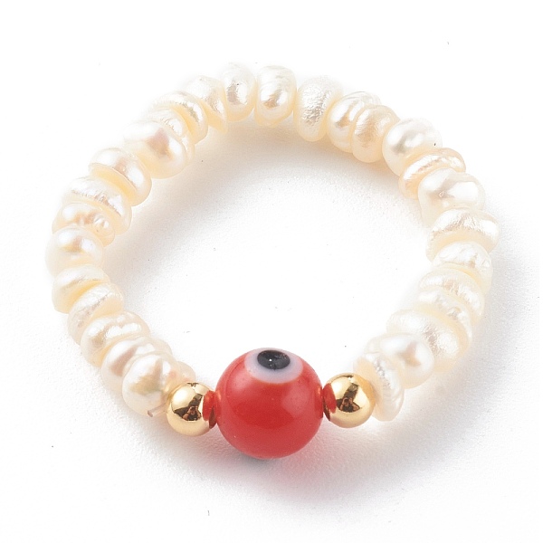 

PandaHall Natural Cultured Freshwater Pearl Beaded Stretch Rings, with Handmade Evil Eye Lampwork Round Beads and Real 18K Gold Plated Brass..., Red