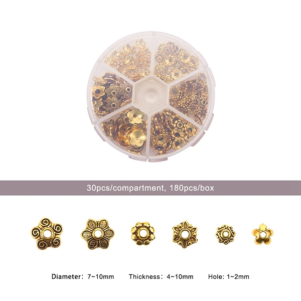 

PandaHall 1Box Mixed Style Tibetan Style Alloy Flower Bead Caps, Antique Golden, 7~10x4~10mm, Hole: 1~2mm, about 30pcs/compartment Alloy
