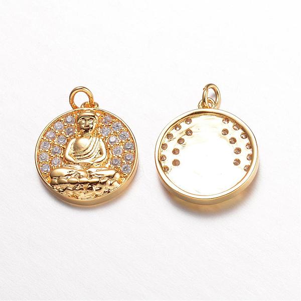 

PandaHall Brass Micro Pave Cubic Zirconia Pendants, Flat Round with Buddha, Cadmium Free & Lead Free & Nickel Free, Real 18K Gold Plated...