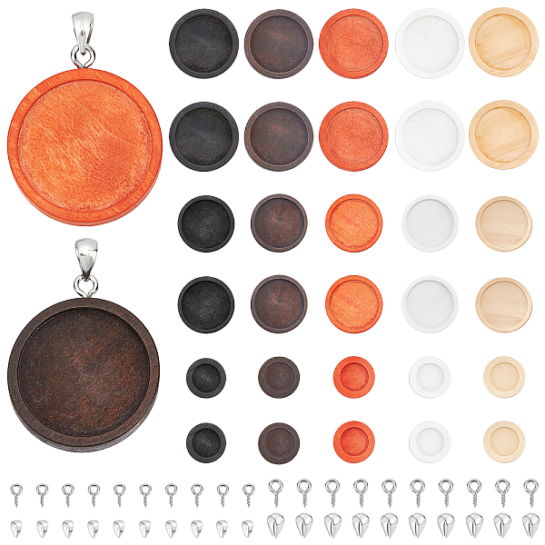 PandaHall PH 110pcs Jewelry Making Kit, 30pcs Flat Round Wooden Pendant Cabochon Bases with 40pcs 304 Stainless Steel Screw Eye Pin Peg...