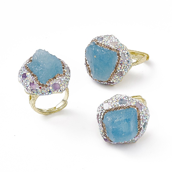 

PandaHall Irregular Natural Aquamarine Adjustable Rings with Rhinestone, Rack Plating Brass Wide Ring for Women, Cadmium Free & Lead Free...