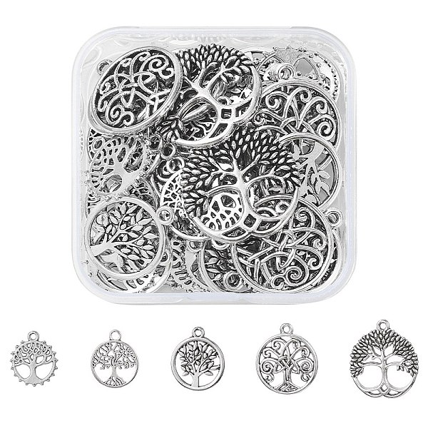 

PandaHall 50Pcs 5 Styles Tibetan Style Alloy Pendants, Flat Round with Tree of Life, Antique Silver, 18~23.5x16~20x1.5~3mm, Hole: 1.8~2mm...