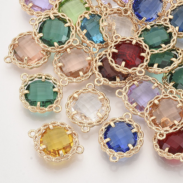 

PandaHall Faceted Glass Links connectors, with Golden Tone Brass Open Back Settings, Flat Round, Mixed Color, 17.5x14x3.5~5mm, Hole: 1.2mm..., Multicolor