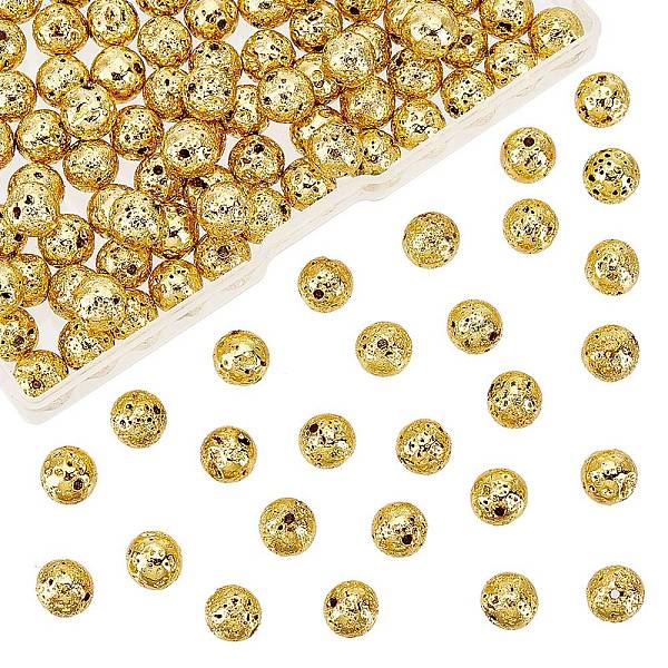 

PandaHall Electroplated Natural Lava Rock Beads Strands, Round, Bumpy, Golden Plated, 9mm, Hole: 1mm, about 141pcs/box Lava Rock Round