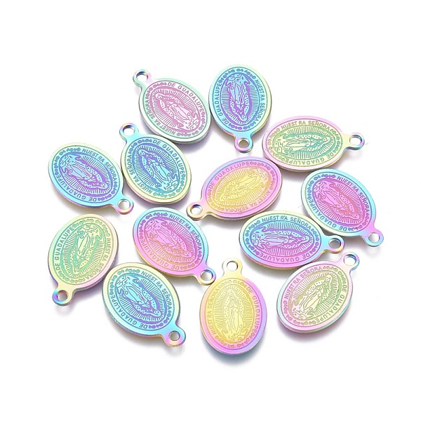 

PandaHall Ion Plating(IP) 304 Stainless Steel Charms, Laser Cut, Oval with Virgin Mary, Rainbow Color, 14.5x9x0.6mm, Hole: 1.4mm 304...