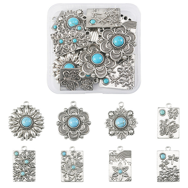 

PandaHall 16Pcs 8 Styles Synthetic Turquoise Pendants, Rectangle & Flower Charm, with Rack Plating Antique Silver Tone Alloy Findings, Mixed...