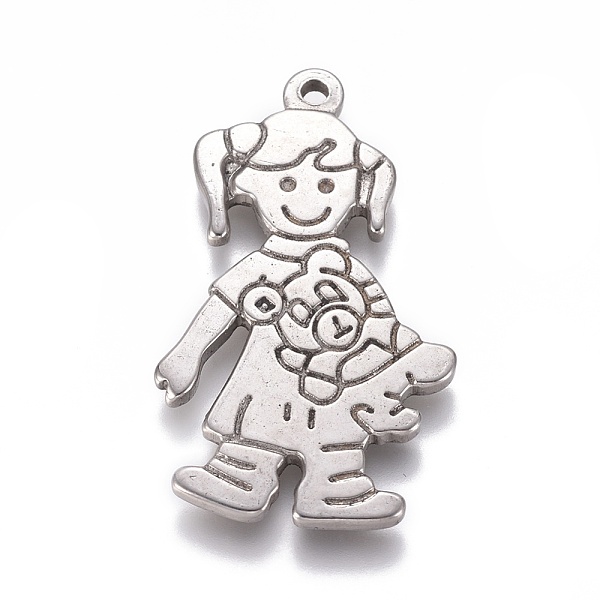 

PandaHall 304 Stainless Steel Pendants, Girl with Bear, Antique Silver, 36x21x2mm, Hole: 1.6mm 304 Stainless Steel Human