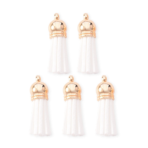 

PandaHall Faux Suede Tassel Pendant Decorations, with CCB Plastic Cord Ends, Light Gold, White, 33~35x10mm, Hole: 2.5mm Faux Suede White