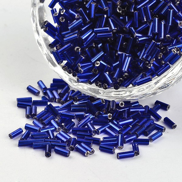 

PandaHall Tube Silver Lined Round Hole Glass Bugle Beads, Blue, 3~5x1.8~2mm, Hole: 0.8mm, about 1200pcs/50g Glass Blue